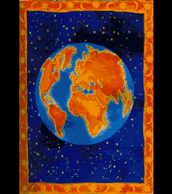 An illustrated globe centred on Africa and Europe, landmasses in orange against a deep blue starfield, ringed by a border of flames